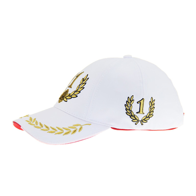 Cappuccio da corsa F1 bianco personalizzabile 6 pannelli ricamati in metallo oro