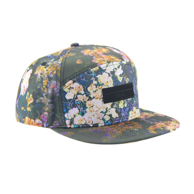 100% poliestere 7 pannello Snapback Cappello da Campeggio personalizzato Con Logo di Patch di Cuoio Sul Fronte