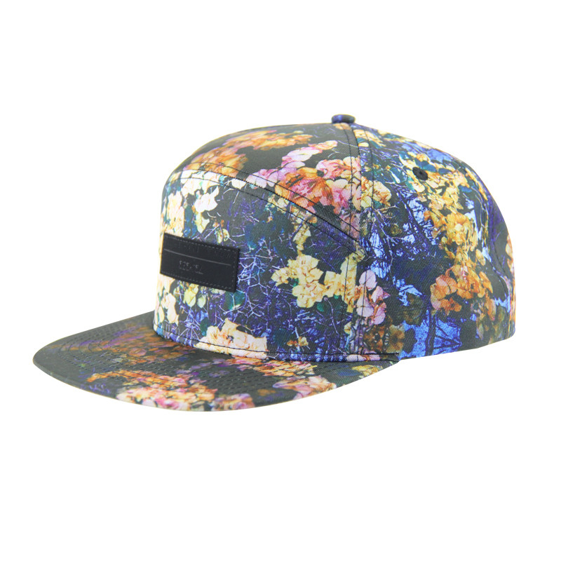 100% poliestere 7 pannello Snapback Cappello da Campeggio personalizzato Con Logo di Patch di Cuoio Sul Fronte
